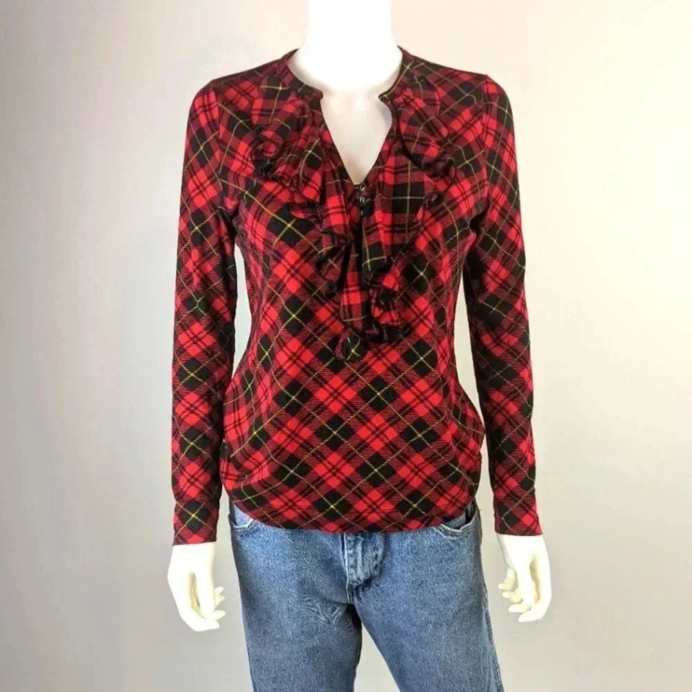 Lauren Ralph Lauren Tartan Plaid Ruffled Fitted Top S